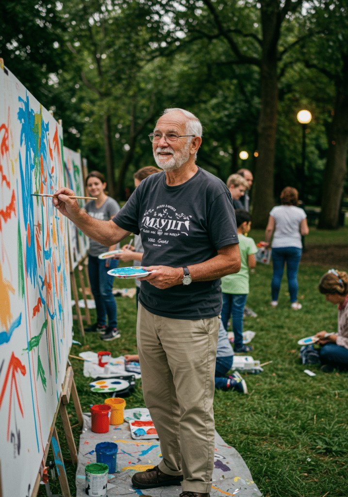 Senior man engaging in community activity outdoors, emphasizing connection and social interaction