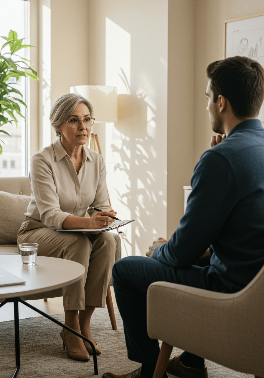Therapist talking to a client about handling toxic coworkers, with supportive and understanding expressions