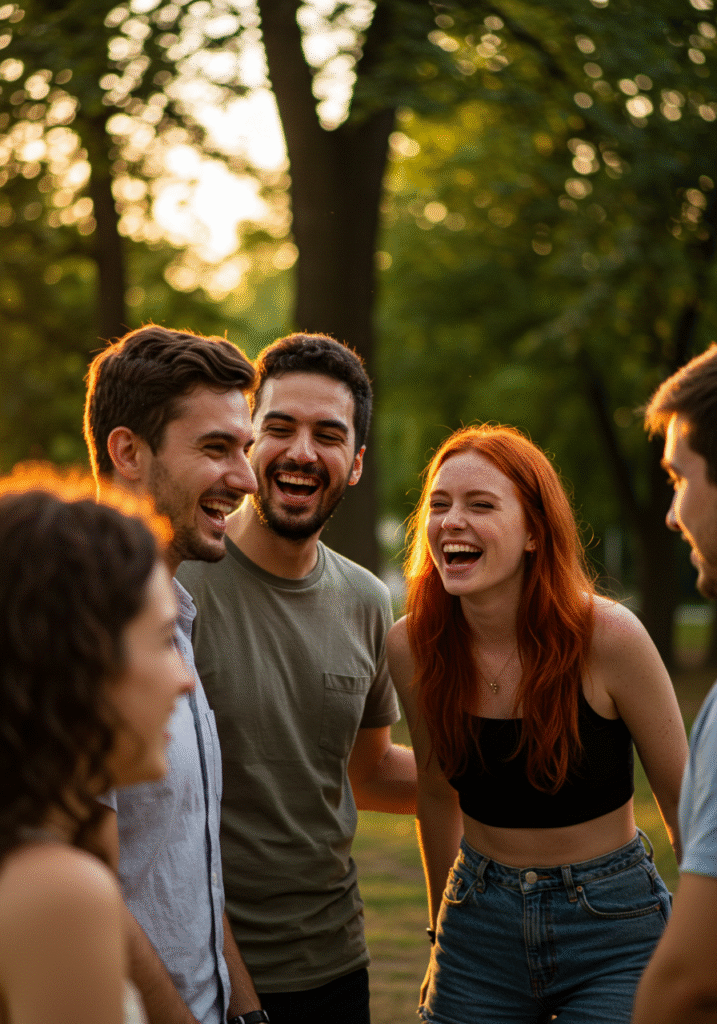 A diverse group of friends smiling and enjoying each other's company outdoors in a park