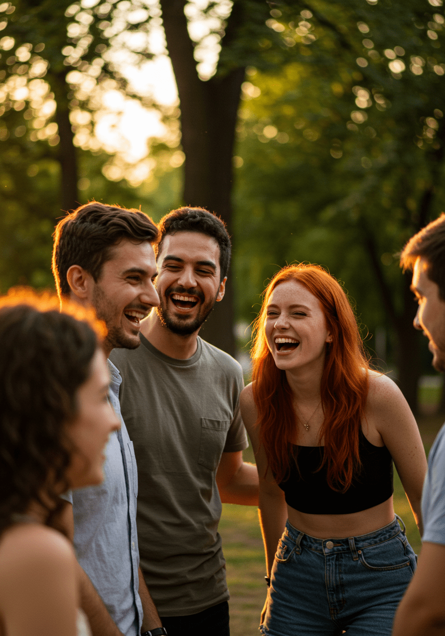 A diverse group of friends smiling and enjoying each other's company outdoors in a park