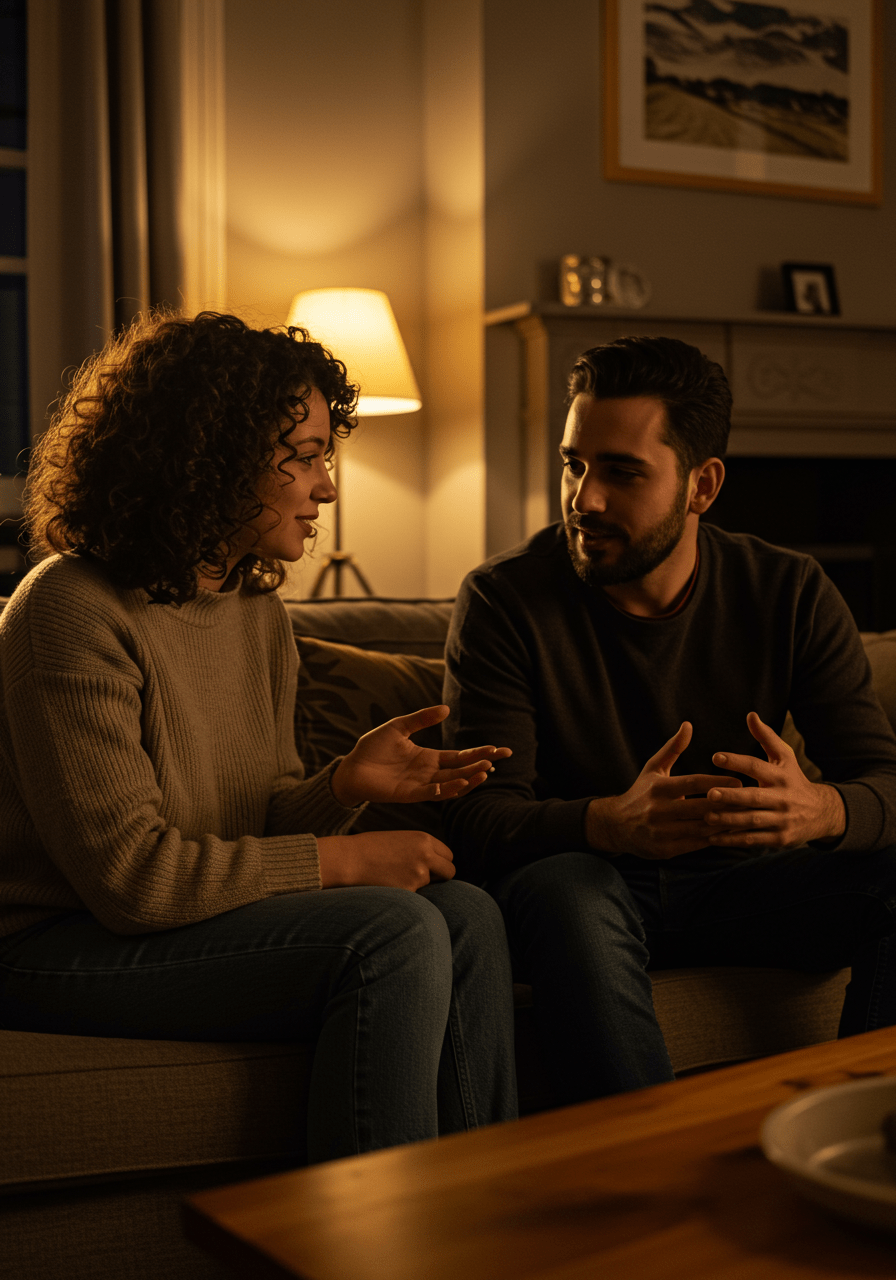 Two friends engaged in an honest conversation in a cozy setting, highlighting genuine friendship