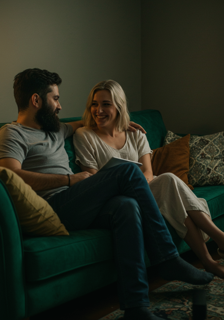 A couple calmly talking about their differing sex drives in a cozy living room