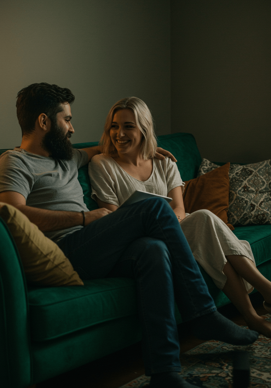 A couple calmly talking about their differing sex drives in a cozy living room