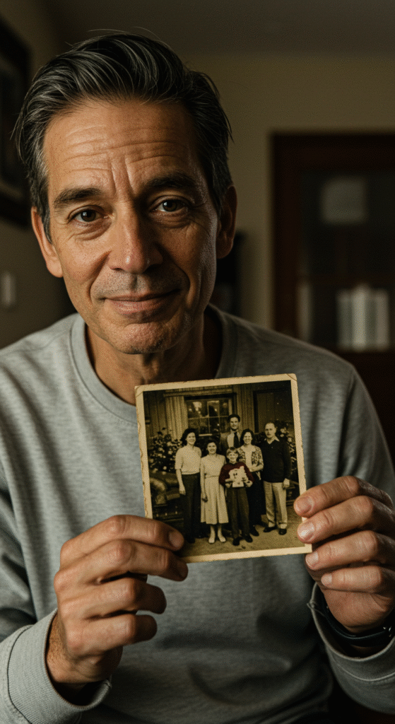 Someone holding an old family photo with a nostalgic expression, representing memories and loss.