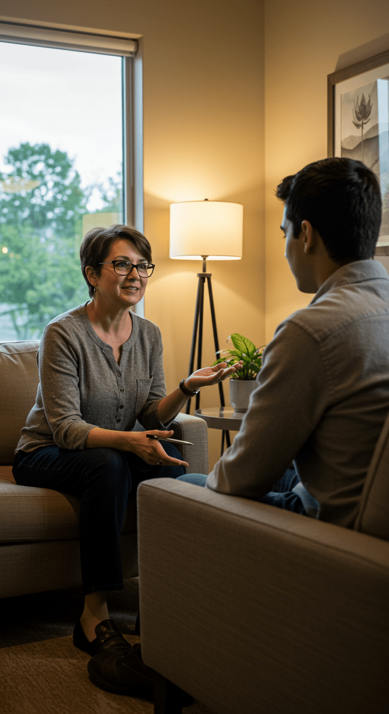 A therapist offering support to a client in a comfortable counseling room, depicting coping strategies.