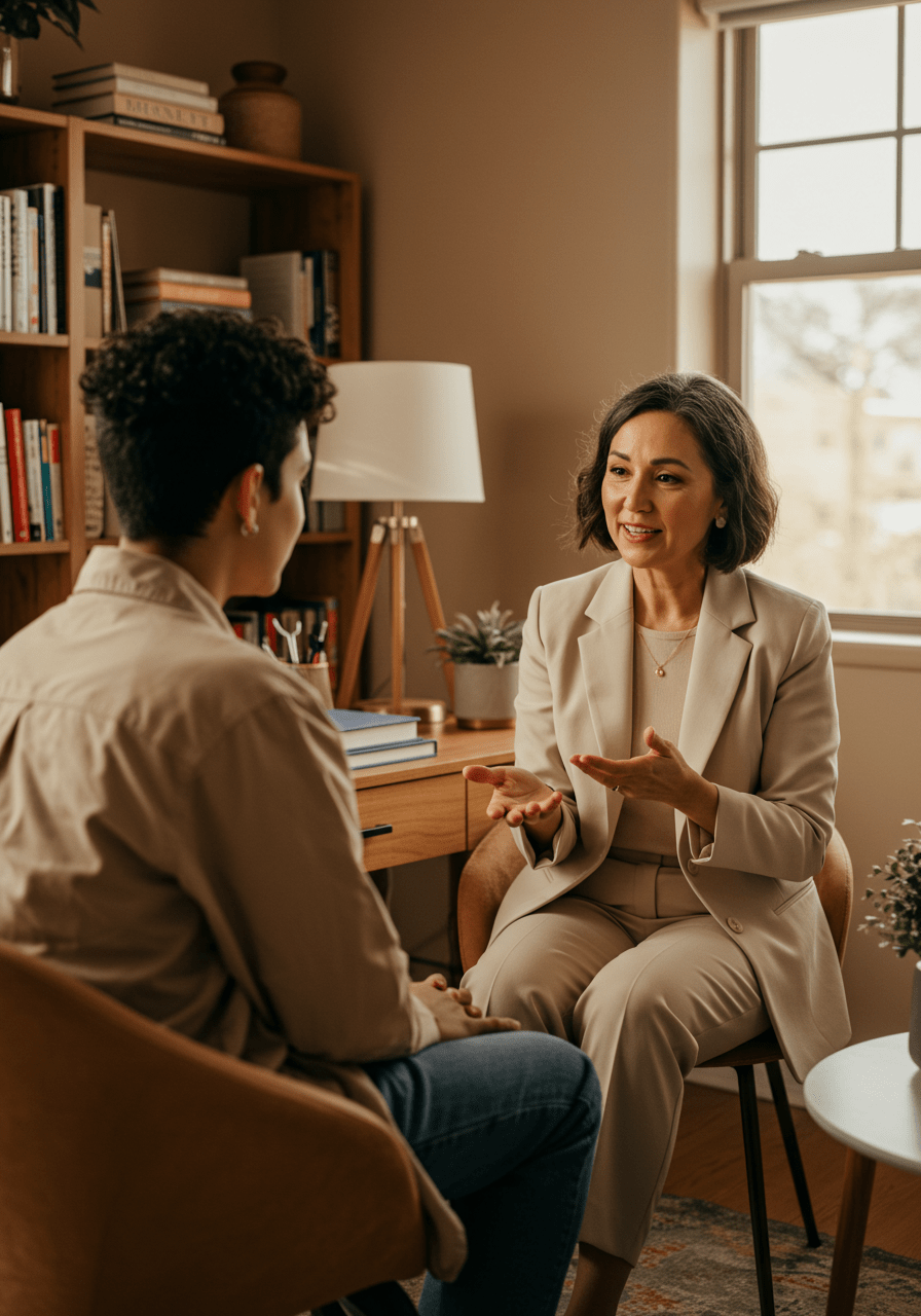 Therapist talking with a client about emotional boundaries in a comfortable office environment