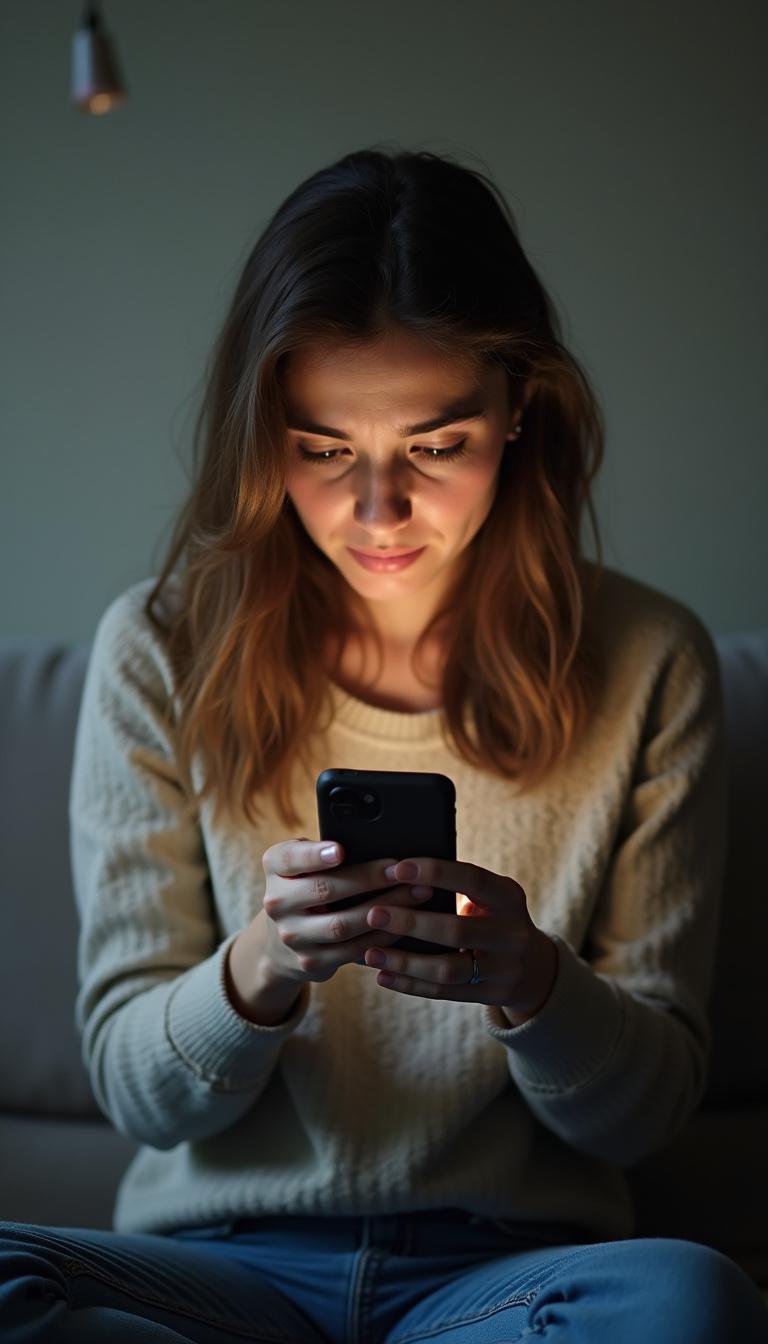 Individual looking concerned while using their phone, symbolizing attachment insecurity and anxiety