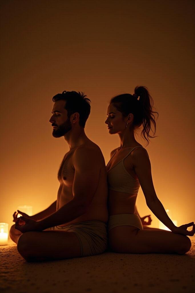 Couple meditating together in a tranquil environment to deepen their connection through Tantra