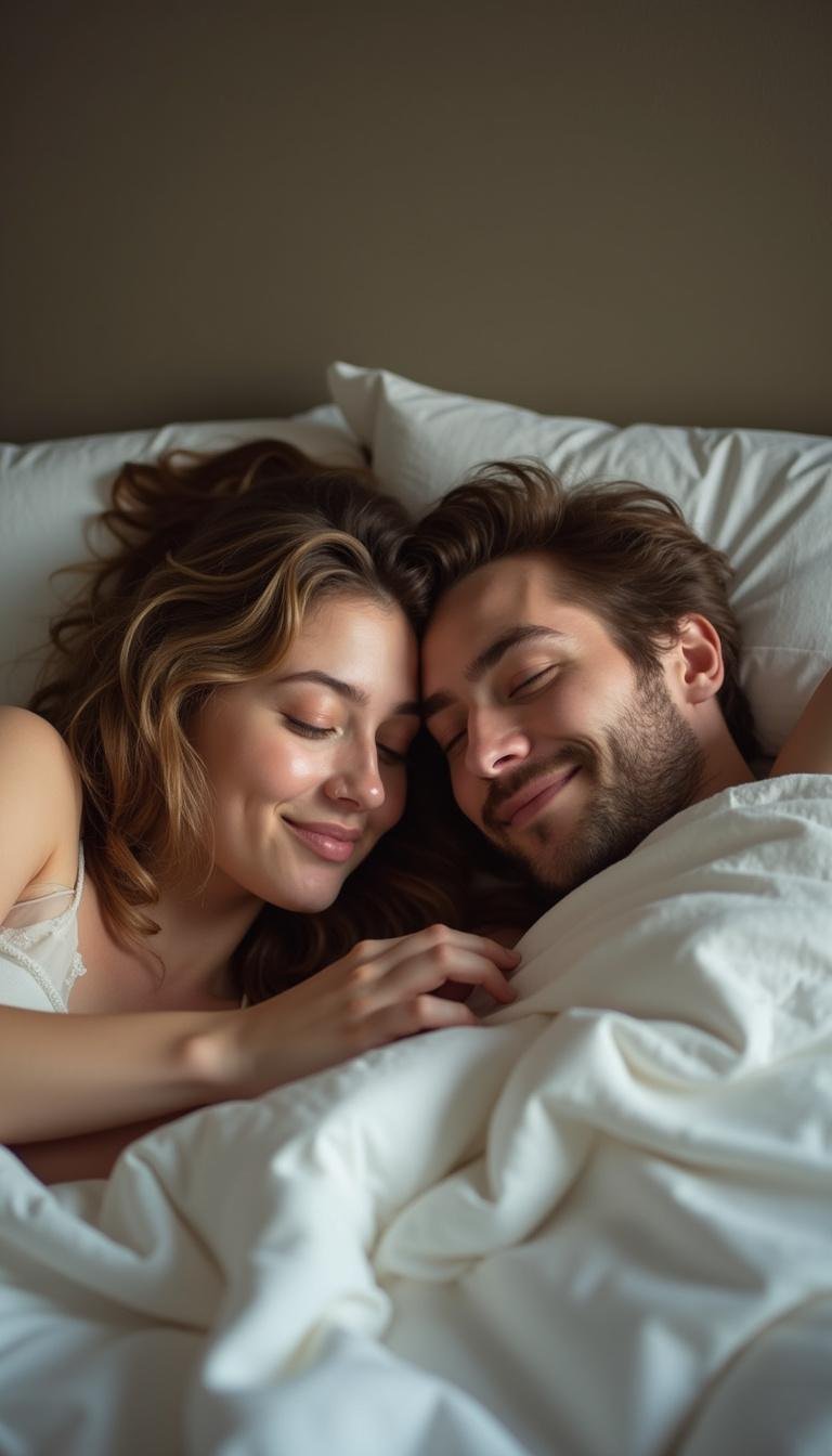 Relaxed couple engaging in slow sexual intimacy in a cozy bedroom setting for deep connection