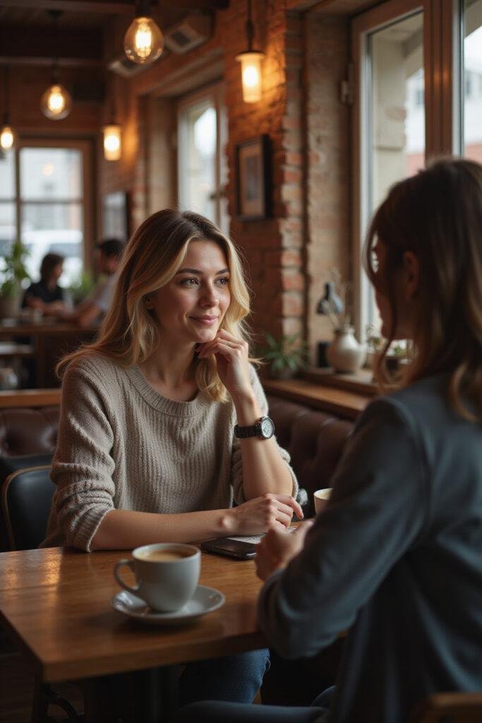 Empathetic woman actively listening to a friend in a cozy coffee shop, demonstrating emotional support and attentiveness