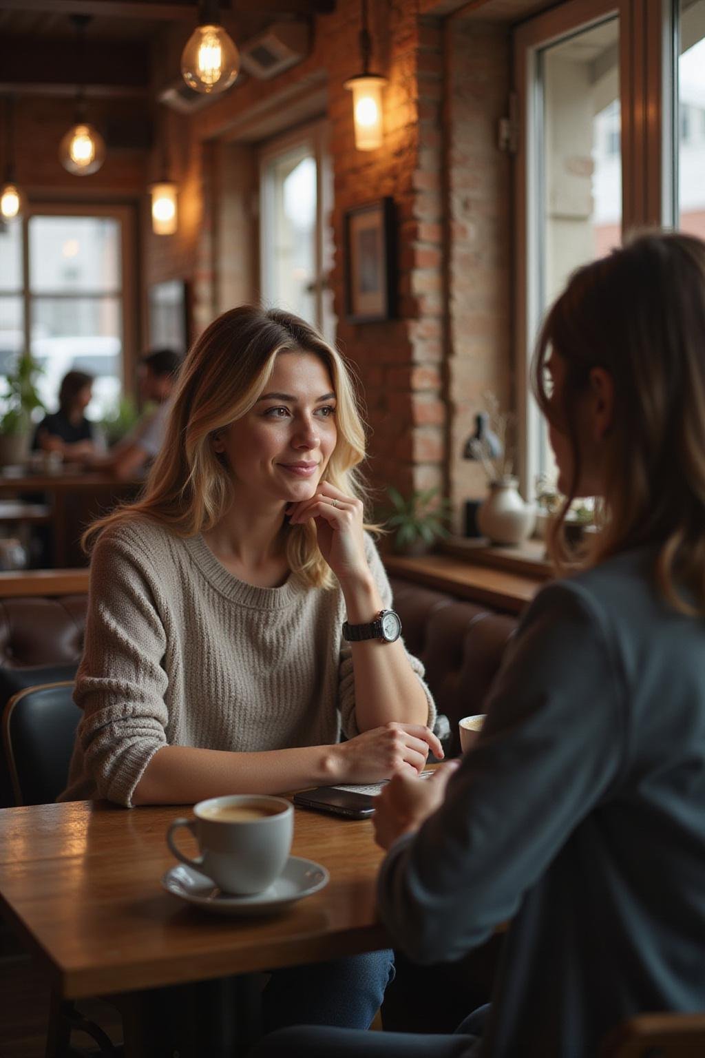 Empathetic woman actively listening to a friend in a cozy coffee shop, demonstrating emotional support and attentiveness