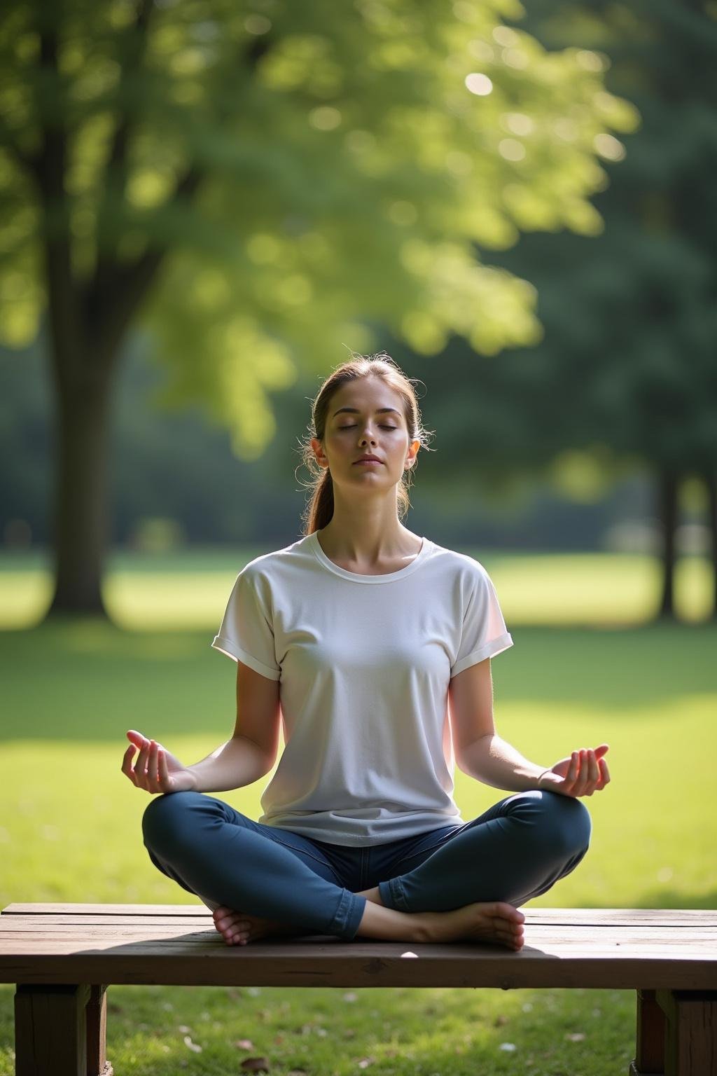 Person practicing mindfulness and protecting emotional energy in a peaceful outdoor park setting, sitting calmly with eyes closed