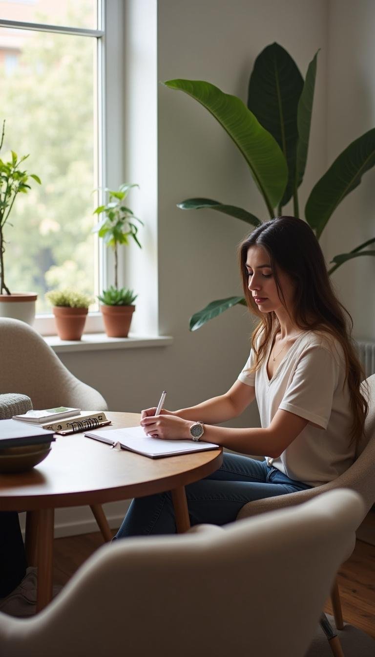 Cozy therapist's office showing a person journaling to maintain emotional boundaries and self-care