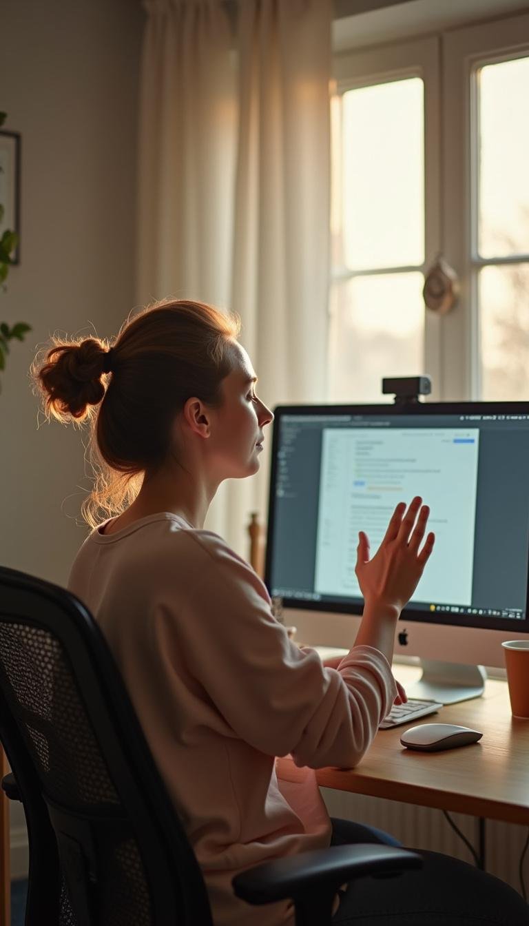 Person at workspace practicing deep breathing exercises to protect emotional energy and reduce stress