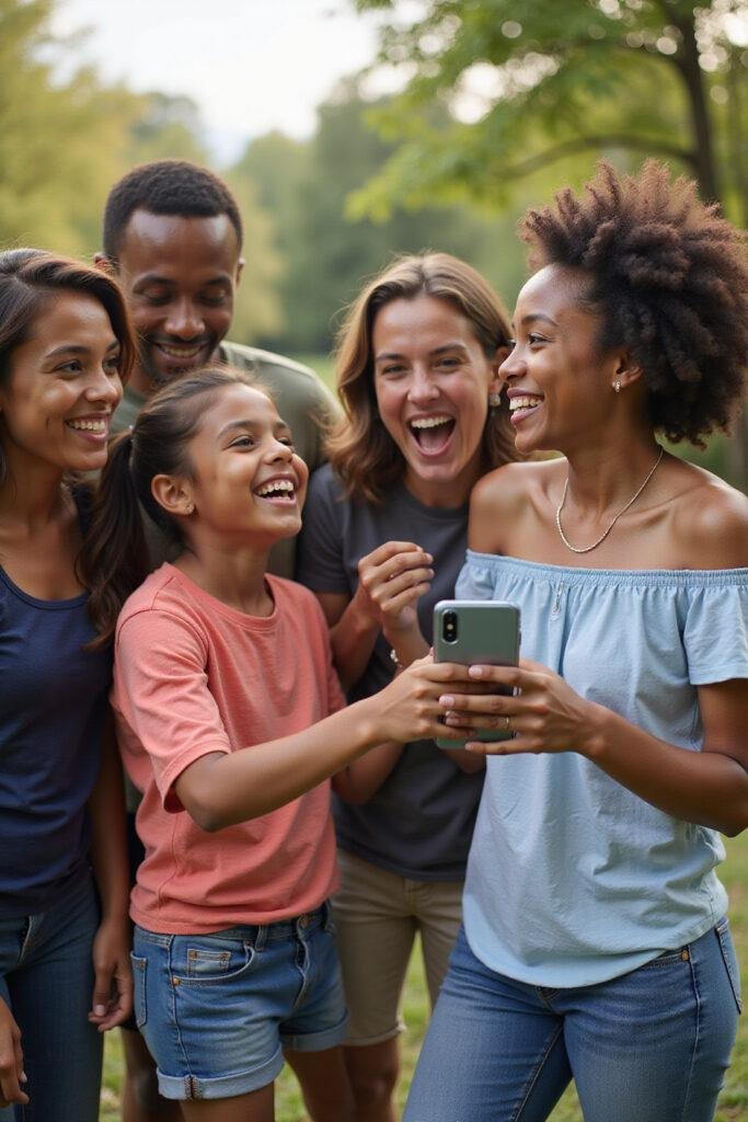 Happy blended family enjoying outdoor activities together, depicting respect and harmony among family members.