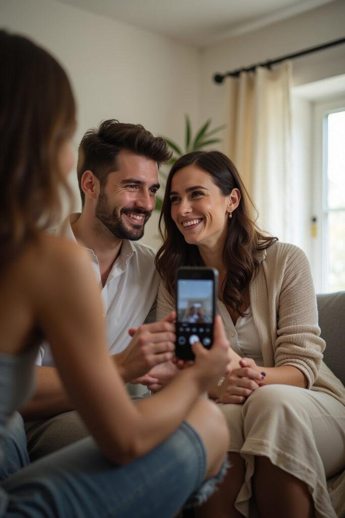 Married couple discussing boundaries with in-laws in a calm and loving home setting.