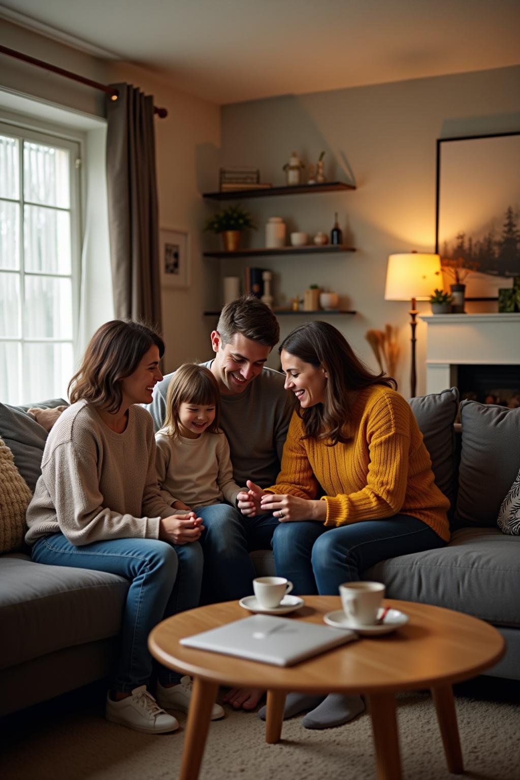 Couple and in-laws engaged in a respectful discussion about boundaries in a home environment.