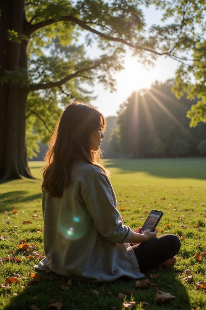 Individual calmly listening to a friend outdoors, symbolizing healthy boundaries and openness