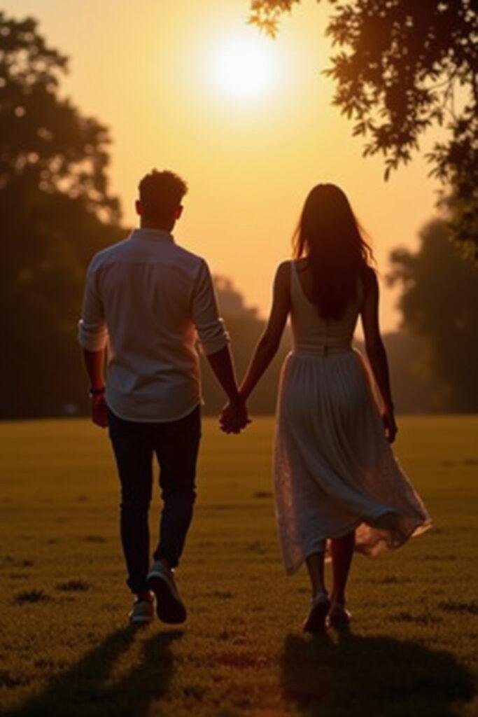 Romantic couple walking hand in hand in a park at sunset, building intimacy outside the bedroom