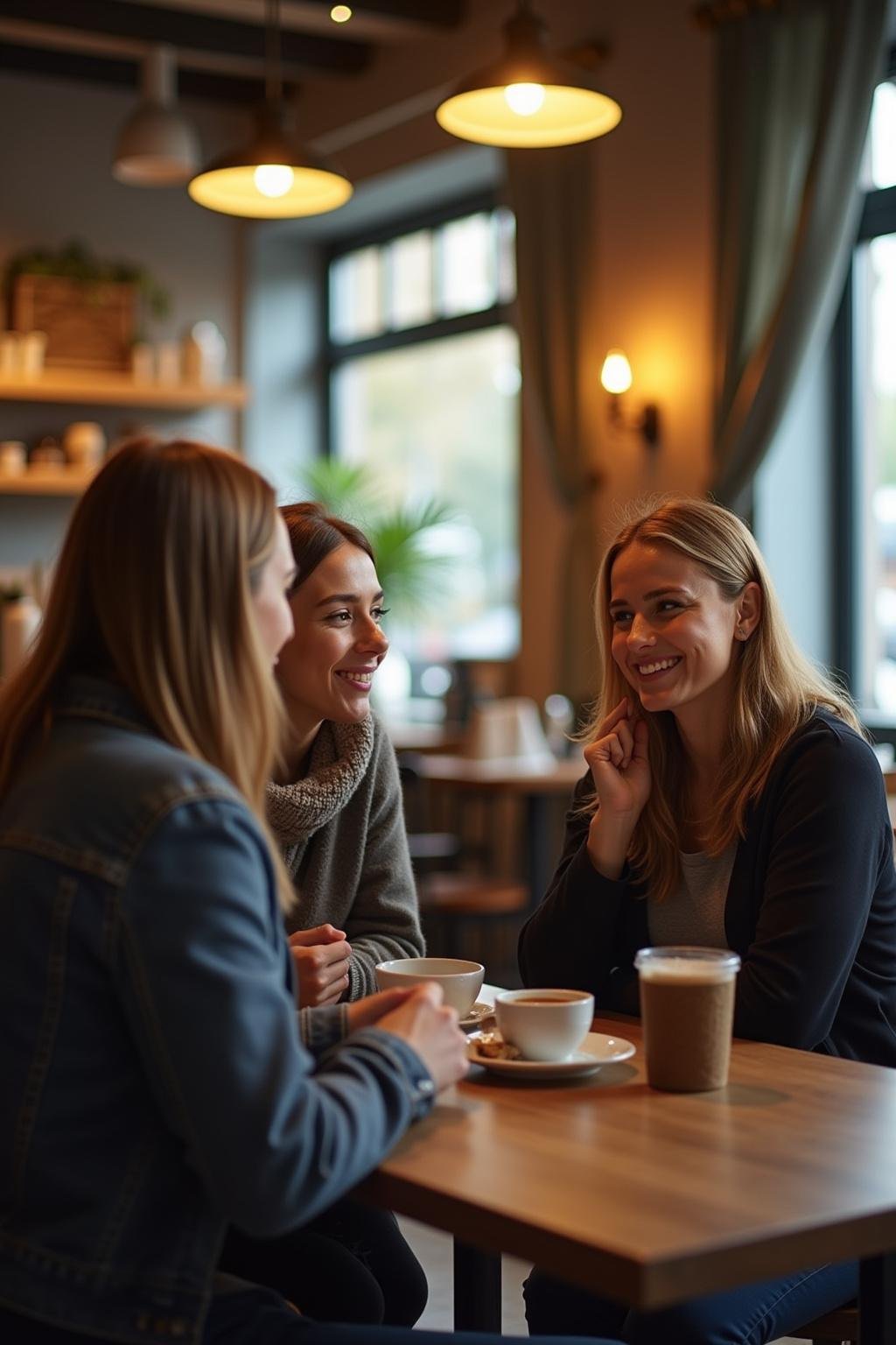 Two friends engaging in a sincere conversation over coffee in a warm cafe setting