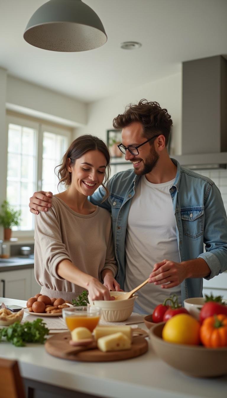 Romantic couple cooking together in a modern kitchen, enhancing intimacy outside the bedroom