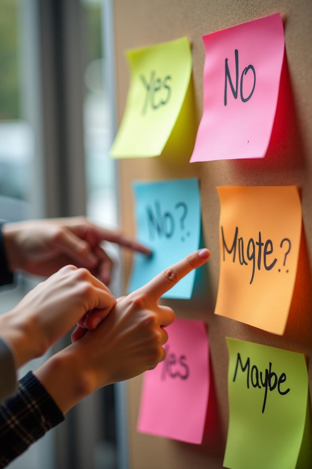People organizing and presenting their boundary options using mounted sticky notes labeled 'Yes', 'No', and 'Maybe'