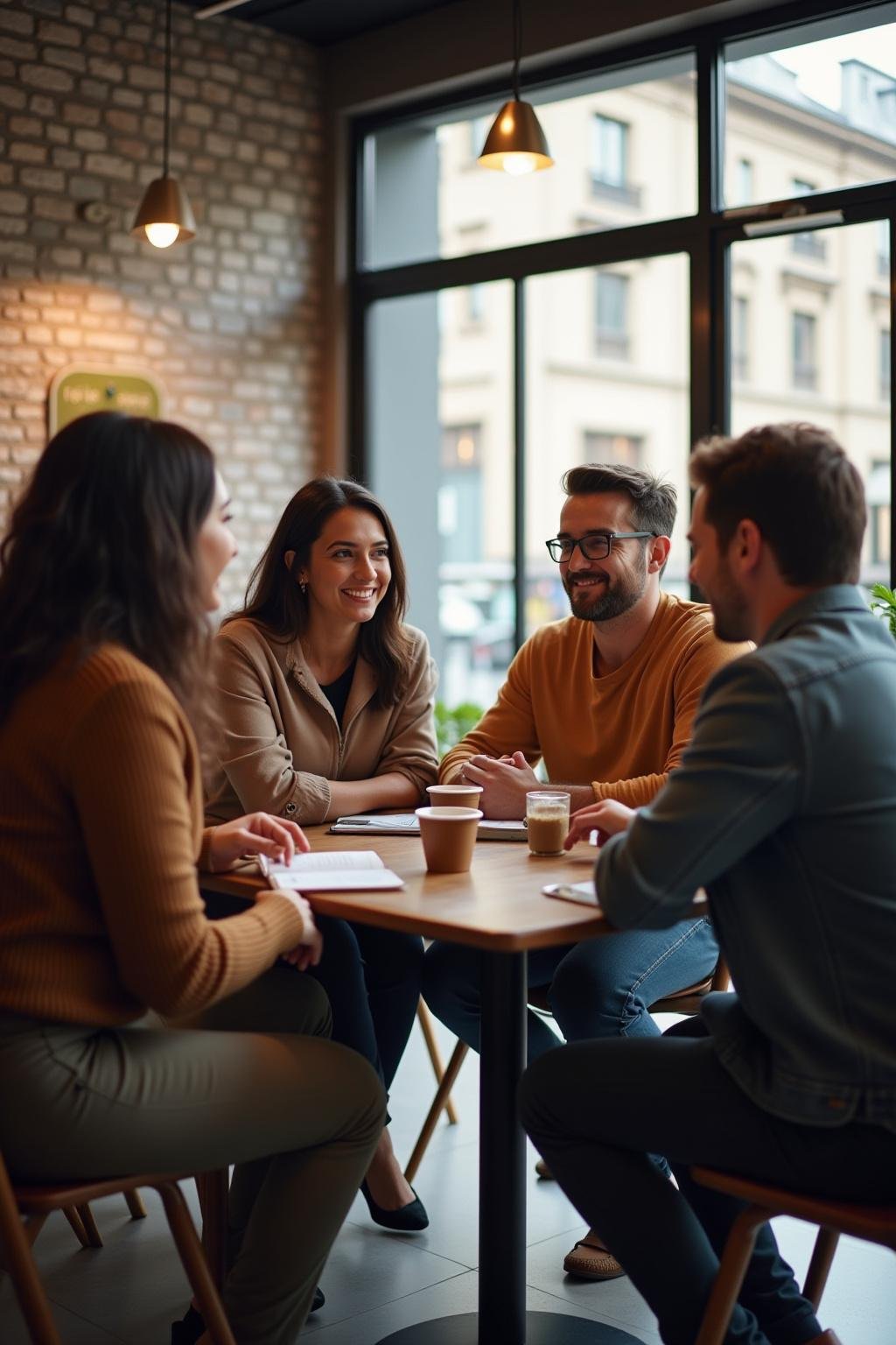 Group of diverse individuals discussing relationship topics in a coffee shop to highlight cultural differences and taboos about sex.
