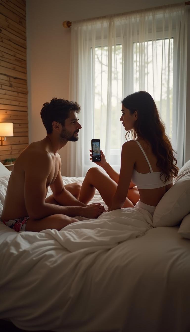 Couple having a candid and respectful conversation about intimacy and boundaries in a contemporary bedroom setting.