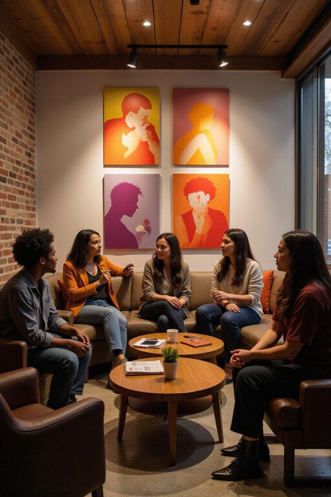 People engaging in a discussion about desire types in a relaxed setting, symbolizing the five erotic blueprint types.