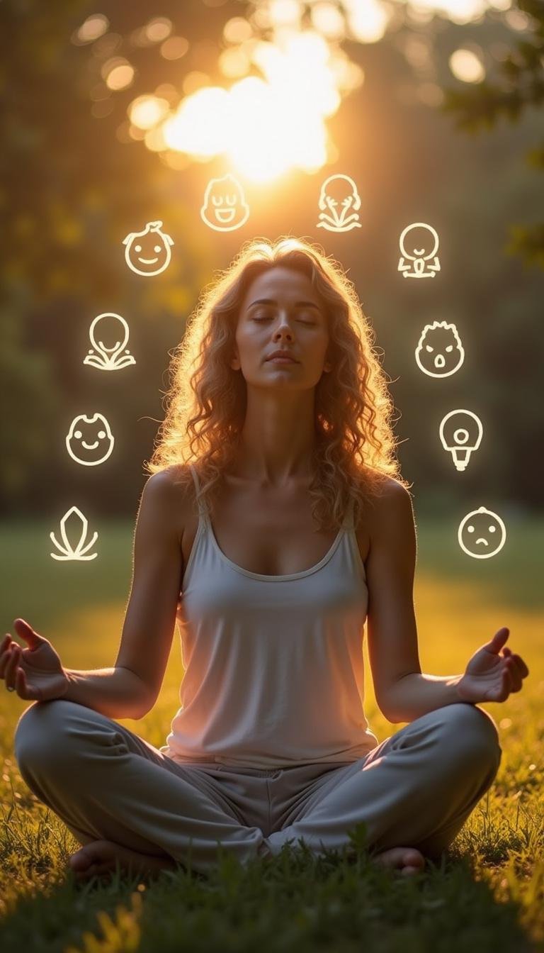 Woman practicing meditation surrounded by symbols representing the five types of desire from erotic blueprints.