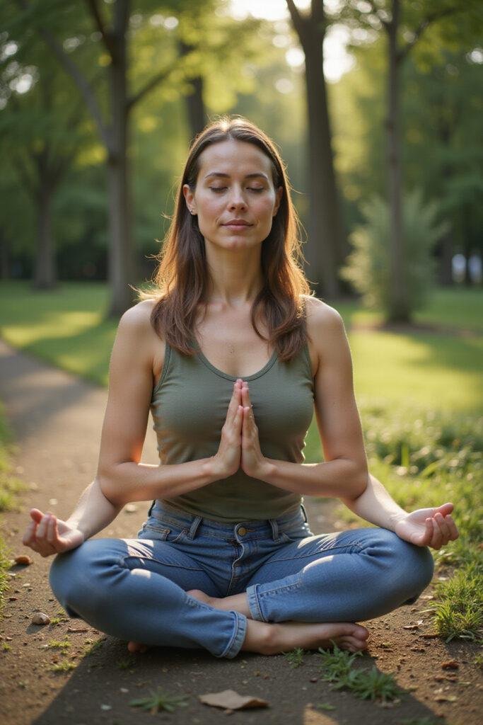 A woman meditating peacefully outdoors, representing healing after emotional pain