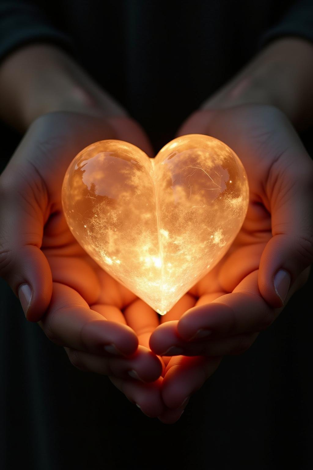 Hands holding a heart-shaped crystal emitting a soft glow, representing healing the sexual self after trauma