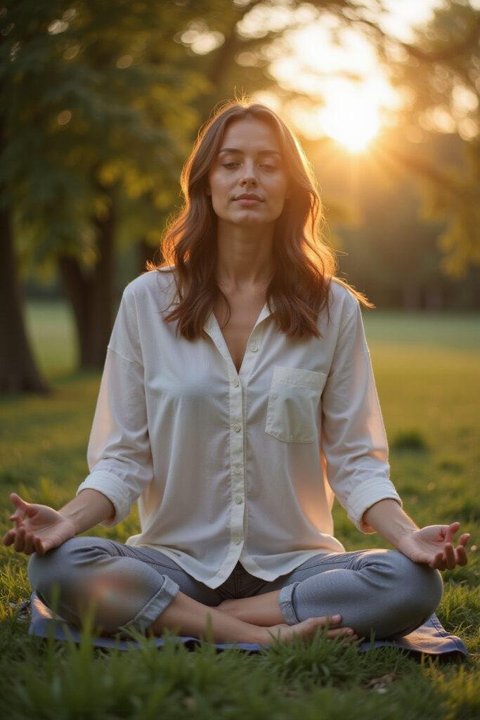 A woman practicing meditation outdoors to symbolize healing the mother wound and finding inner peace