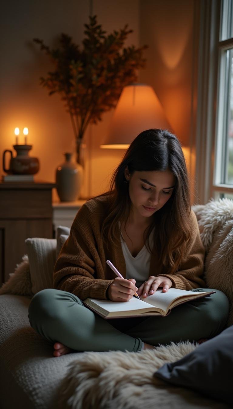 A woman writing in a journal in a peaceful space, representing self-reflection and healing of emotional wounds