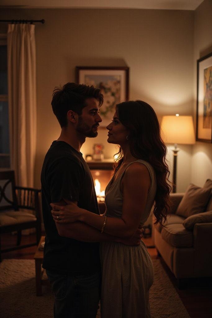 Couple displaying emotional intimacy through eye contact and holding hands in a warm, cozy setting.