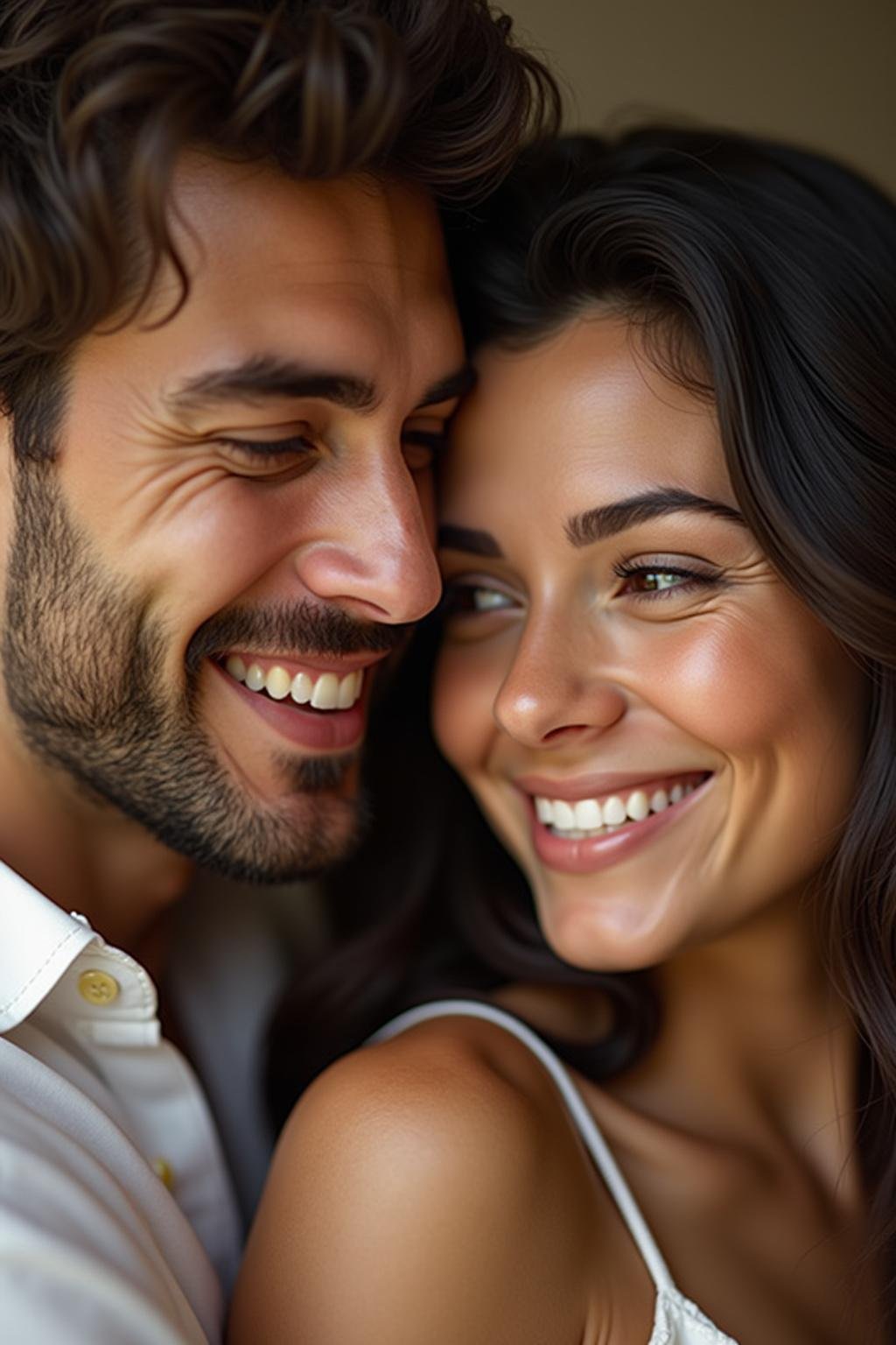 Close-up of a smiling couple embracing, highlighting emotional intimacy and connection.