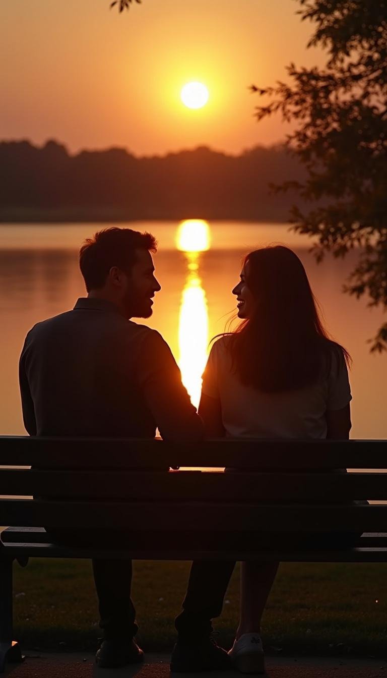 Couple having a meaningful conversation outdoors at sunset, demonstrating emotional closeness.