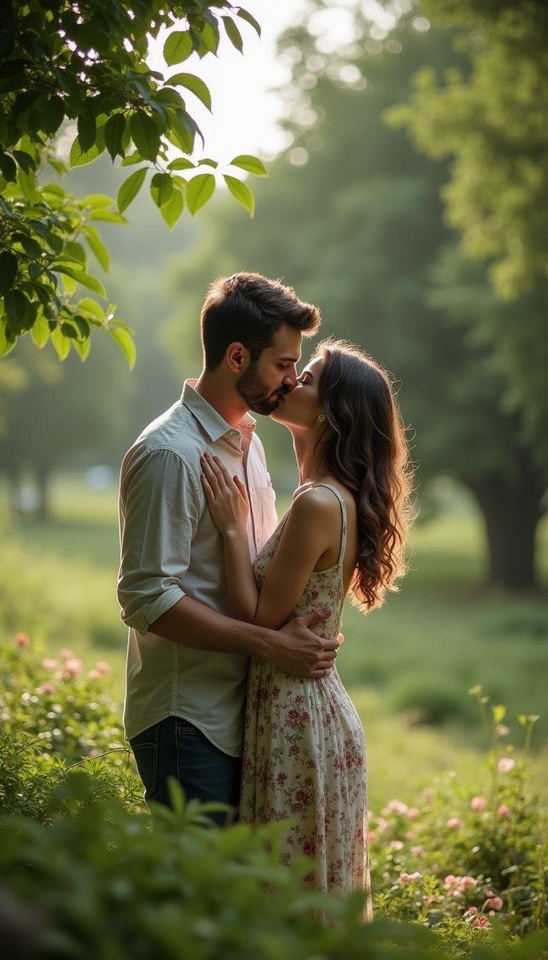 Couple kissing tenderly in a garden setting, emphasizing emotional intimacy and connection.