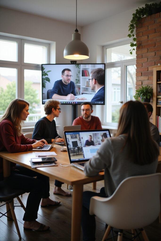 Remote team members engaging in a virtual meeting from their respective home offices