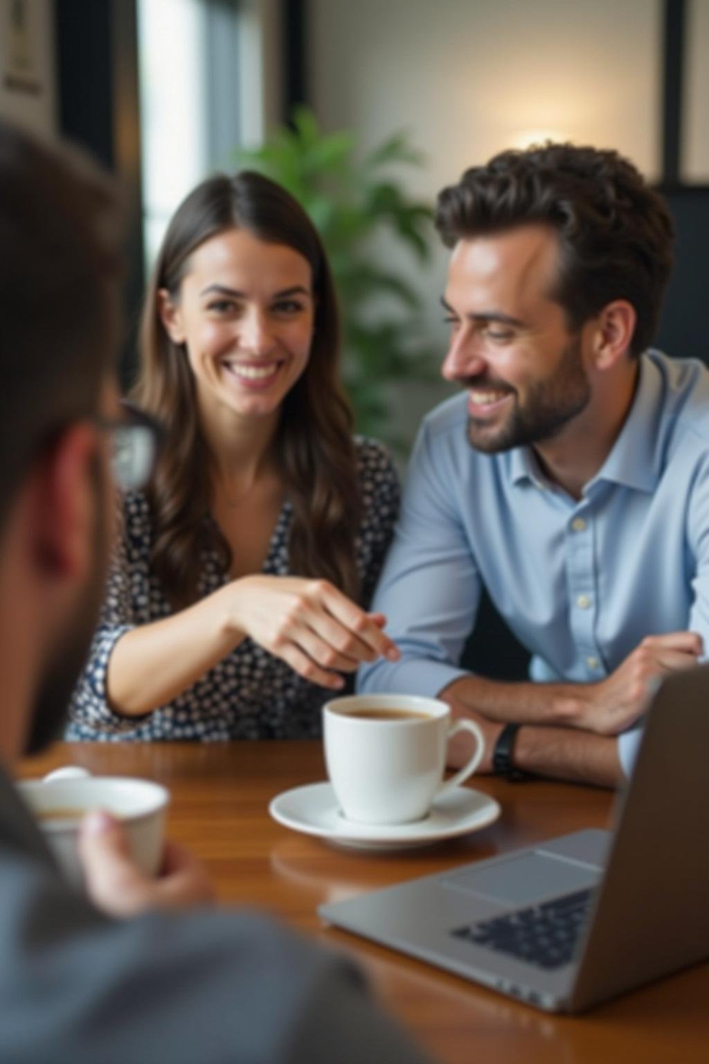 Remote coworkers chatting informally during a video call in a virtual workspace