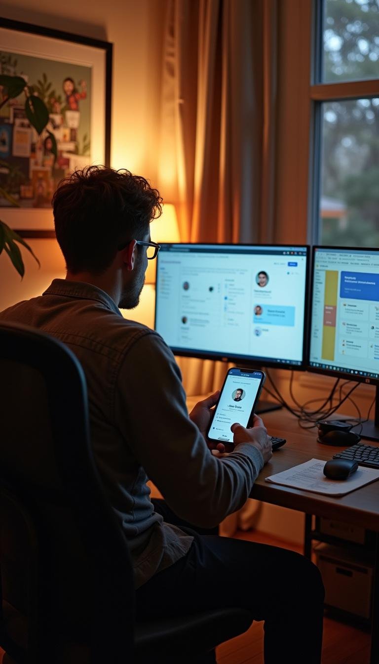 Individual working remotely on a laptop in a well-organized home office environment