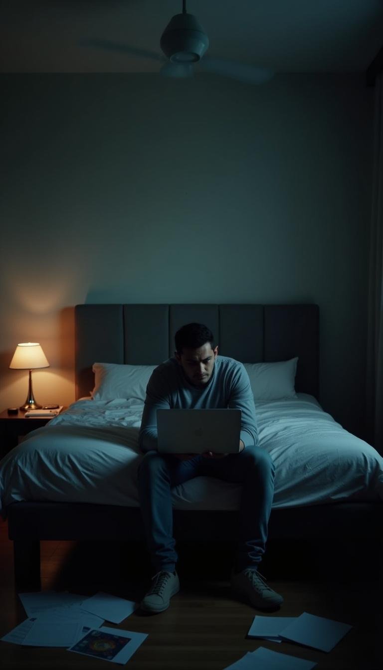 An individual experiencing stress and anxiety alone, affecting personal intimacy and well-being