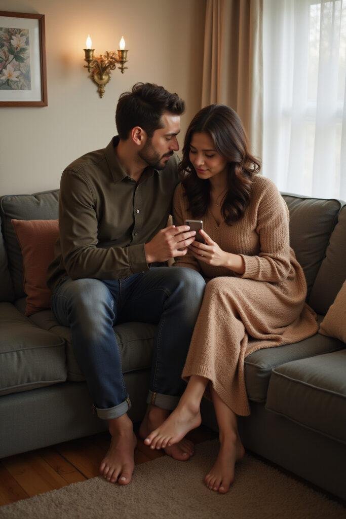 Couple demonstrating emotional intimacy and attachment in a warm living room setting
