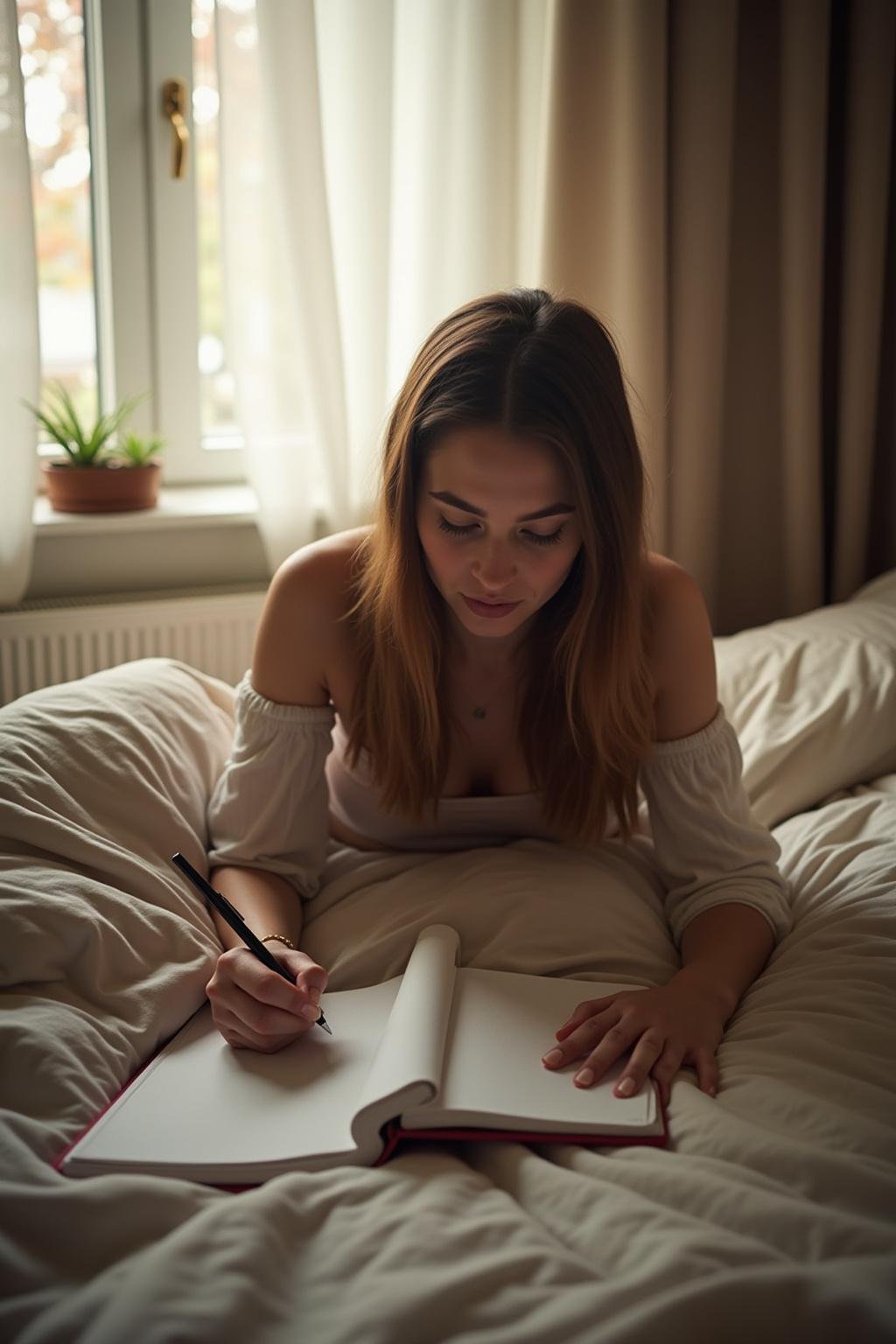 Woman writing in a journal about her attachment style and sexual needs in a calm bedroom environment