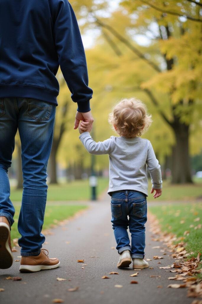 A young child holding hands with parent in a park, representing childhood attachment.
