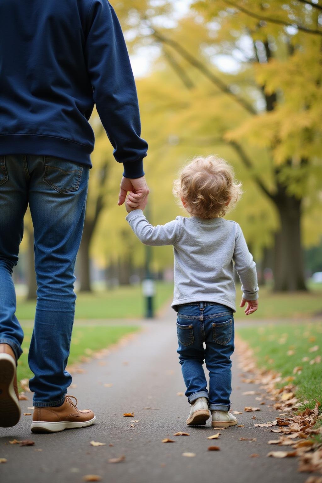 A young child holding hands with parent in a park, representing childhood attachment.