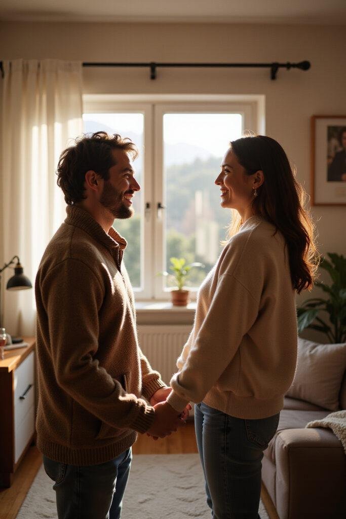 Long-term couple rekindling their relationship with a warm hug at home