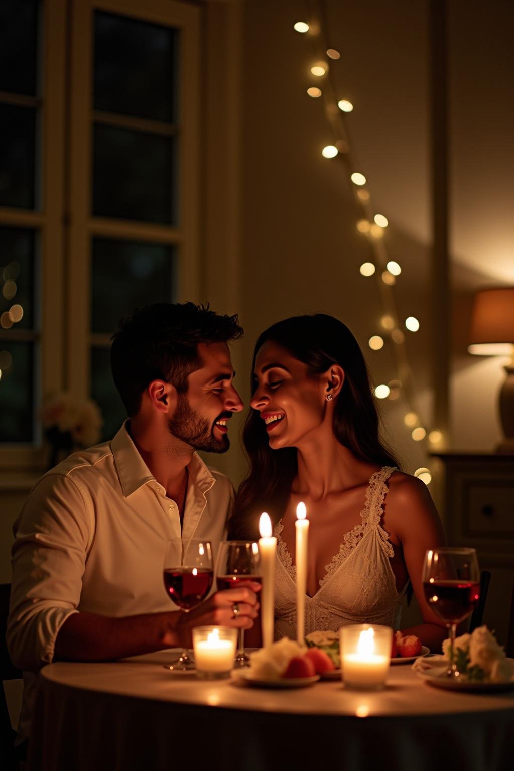 Romantic dinner scene with a couple sharing a special moment at a candlelit table