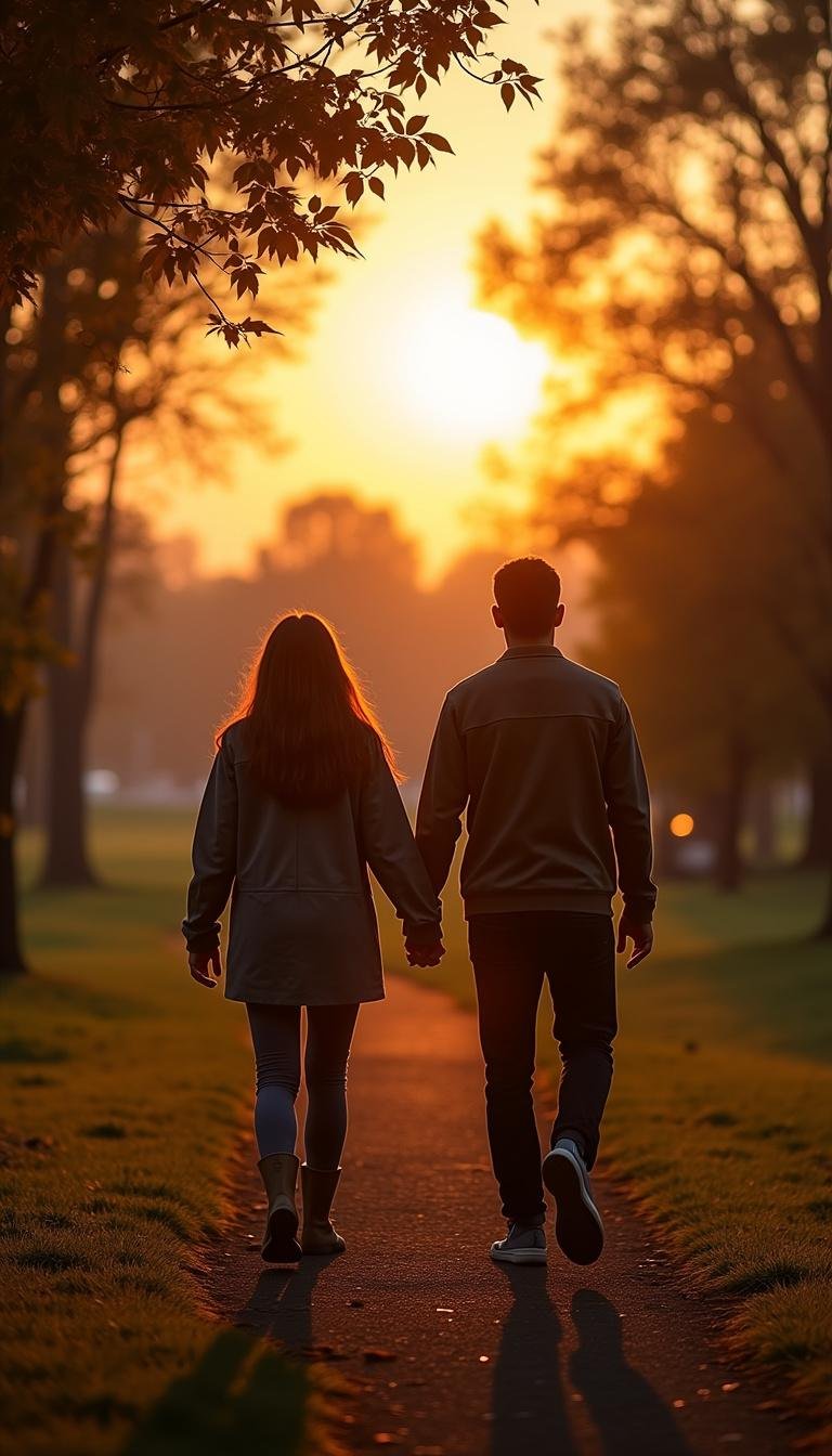 Long-term partners enjoying a romantic walk outdoors during sunset