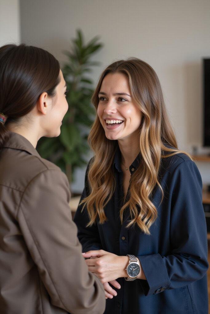 A person confidently communicating their needs during a friendly conversation, showing clarity and self-assurance
